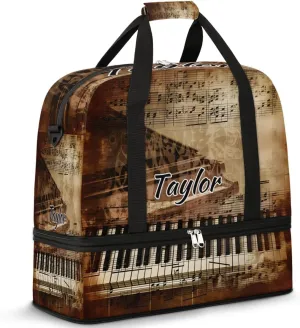 Customized Gym Bag for Women, Personalized Piano Keys Travel Duffel Bag with Name, Music Note Weekender Overnight Bag with Shoes Compartment for Men Travel Yoga