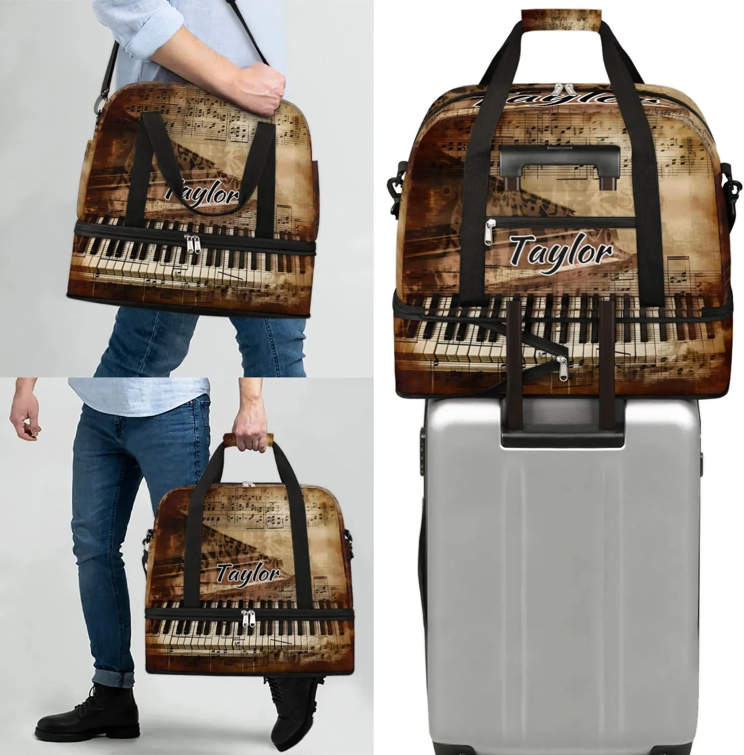 Customized Gym Bag for Women, Personalized Piano Keys Travel Duffel Bag with Name, Music Note Weekender Overnight Bag with Shoes Compartment for Men Travel Yoga