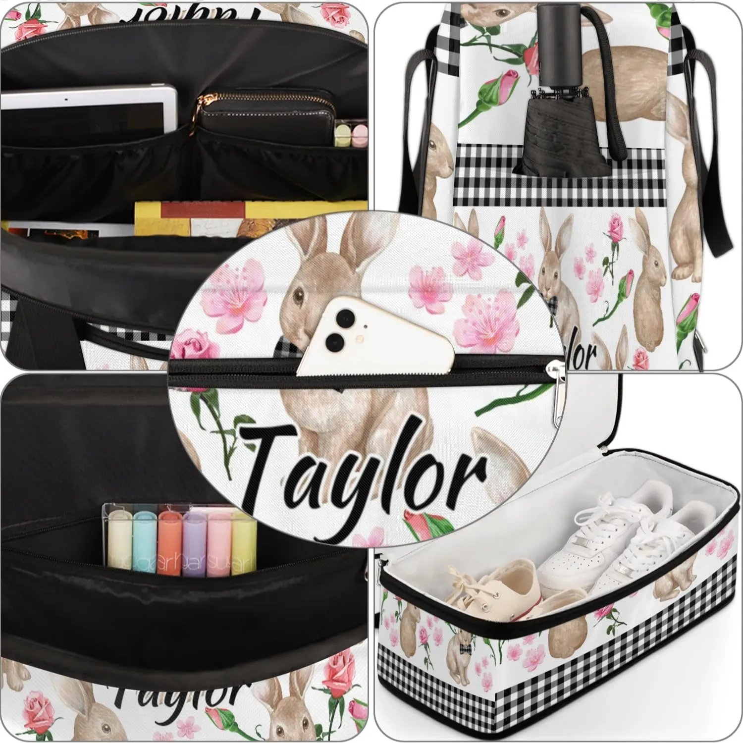 Customized Gym Bag for Women, Personalized Rabbit Flowers Travel Duffel Bag with Name, Bunny Rabbit Weekender Overnight Bag with Shoes Compartment for Men Travel Yoga