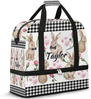 Customized Gym Bag for Women, Personalized Rabbit Flowers Travel Duffel Bag with Name, Bunny Rabbit Weekender Overnight Bag with Shoes Compartment for Men Travel Yoga