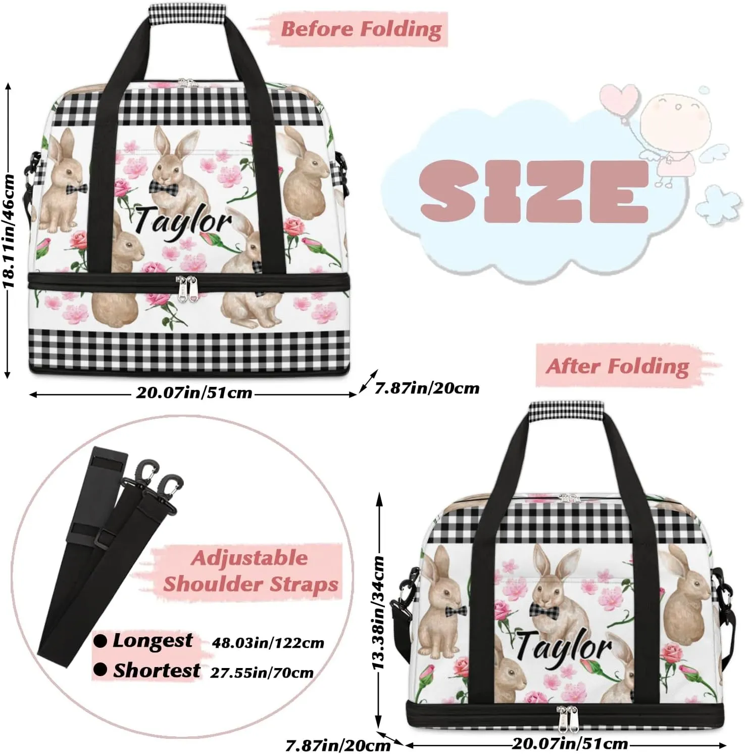 Customized Gym Bag for Women, Personalized Rabbit Flowers Travel Duffel Bag with Name, Bunny Rabbit Weekender Overnight Bag with Shoes Compartment for Men Travel Yoga