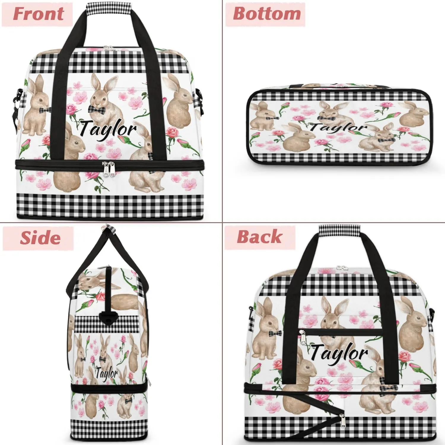 Customized Gym Bag for Women, Personalized Rabbit Flowers Travel Duffel Bag with Name, Bunny Rabbit Weekender Overnight Bag with Shoes Compartment for Men Travel Yoga
