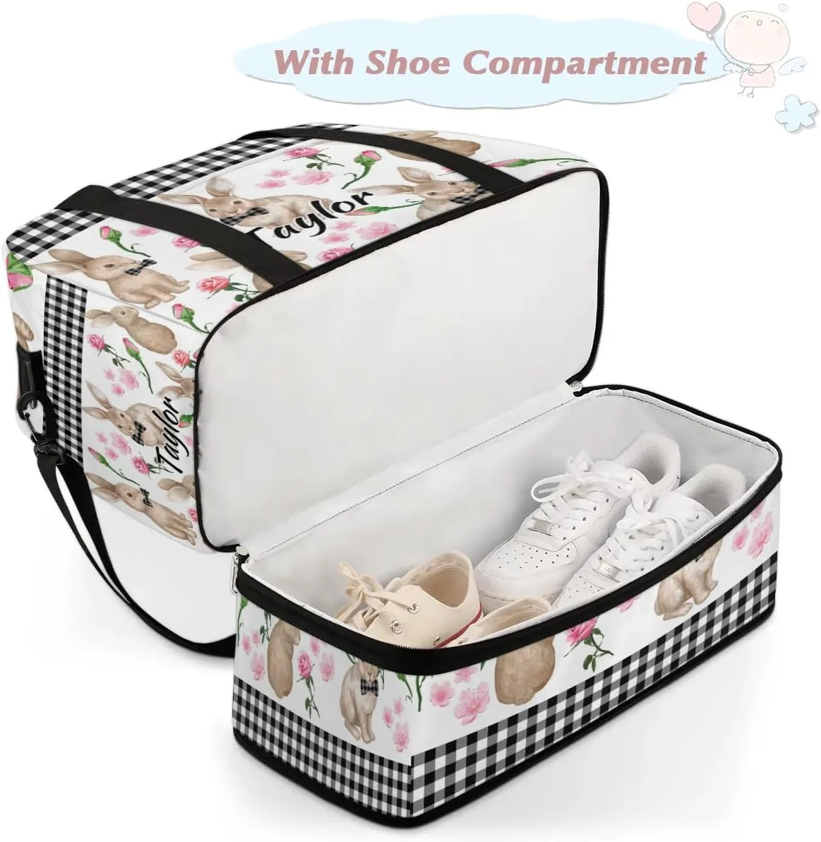 Customized Gym Bag for Women, Personalized Rabbit Flowers Travel Duffel Bag with Name, Bunny Rabbit Weekender Overnight Bag with Shoes Compartment for Men Travel Yoga