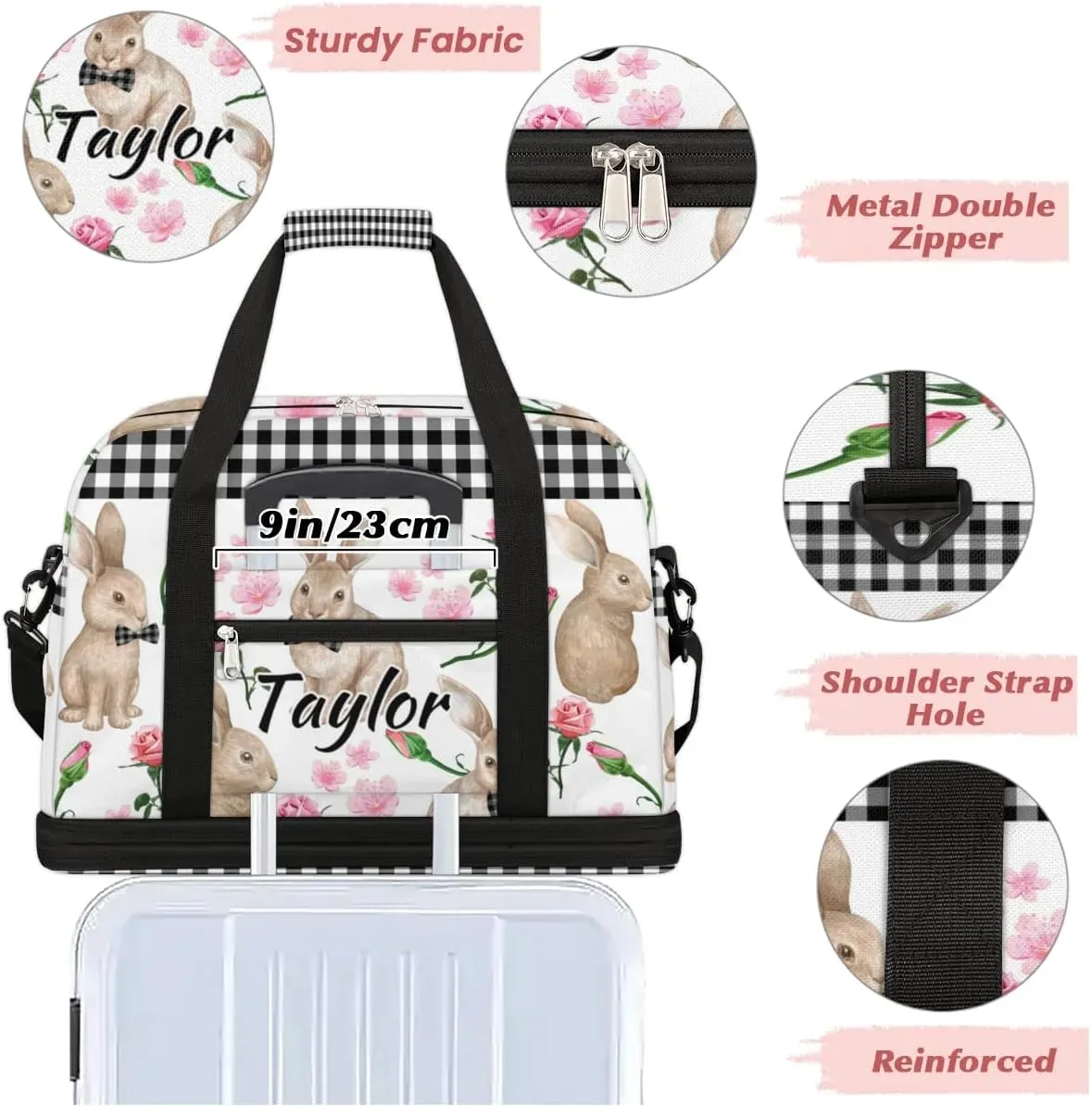 Customized Gym Bag for Women, Personalized Rabbit Flowers Travel Duffel Bag with Name, Bunny Rabbit Weekender Overnight Bag with Shoes Compartment for Men Travel Yoga