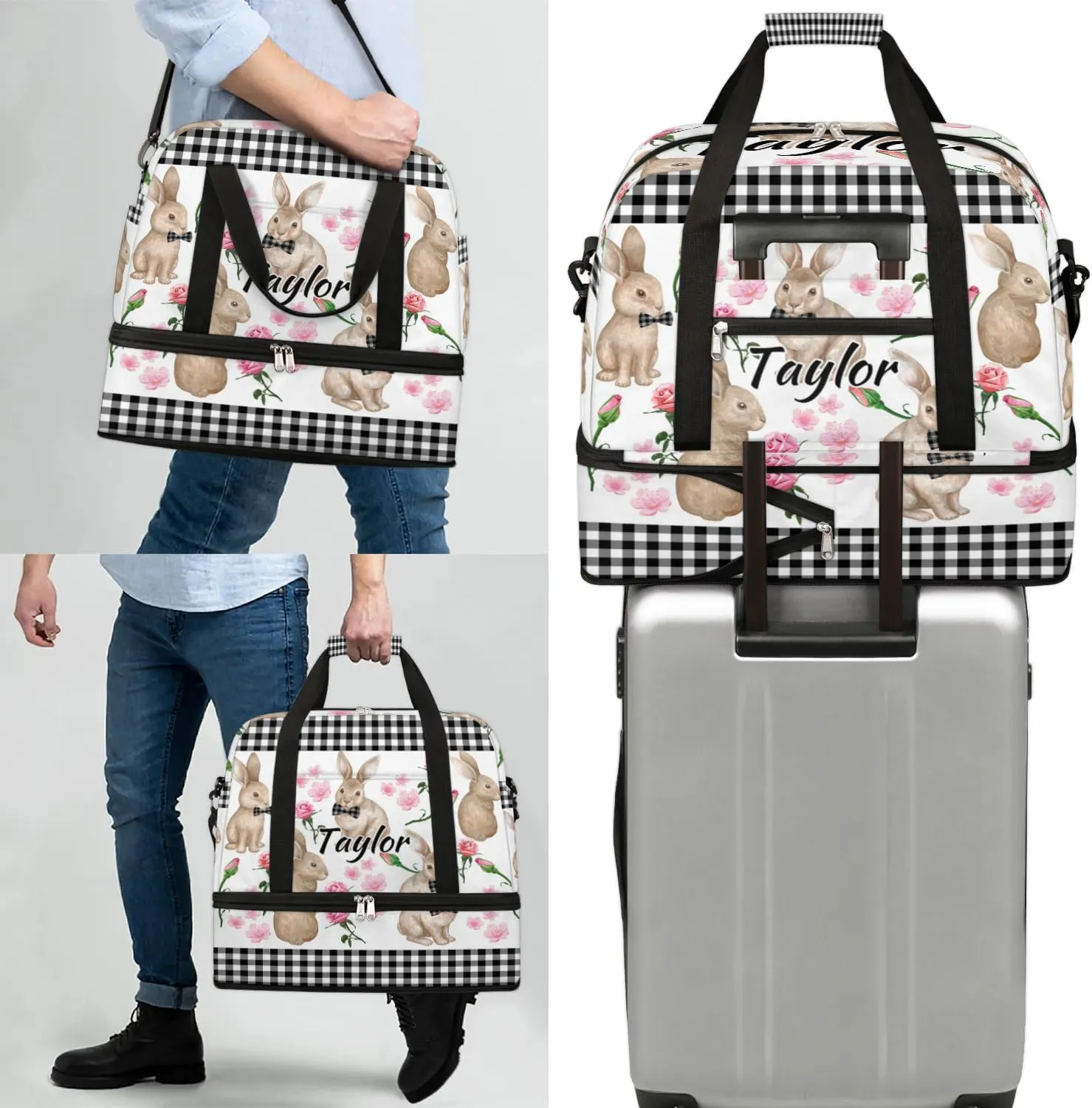 Customized Gym Bag for Women, Personalized Rabbit Flowers Travel Duffel Bag with Name, Bunny Rabbit Weekender Overnight Bag with Shoes Compartment for Men Travel Yoga
