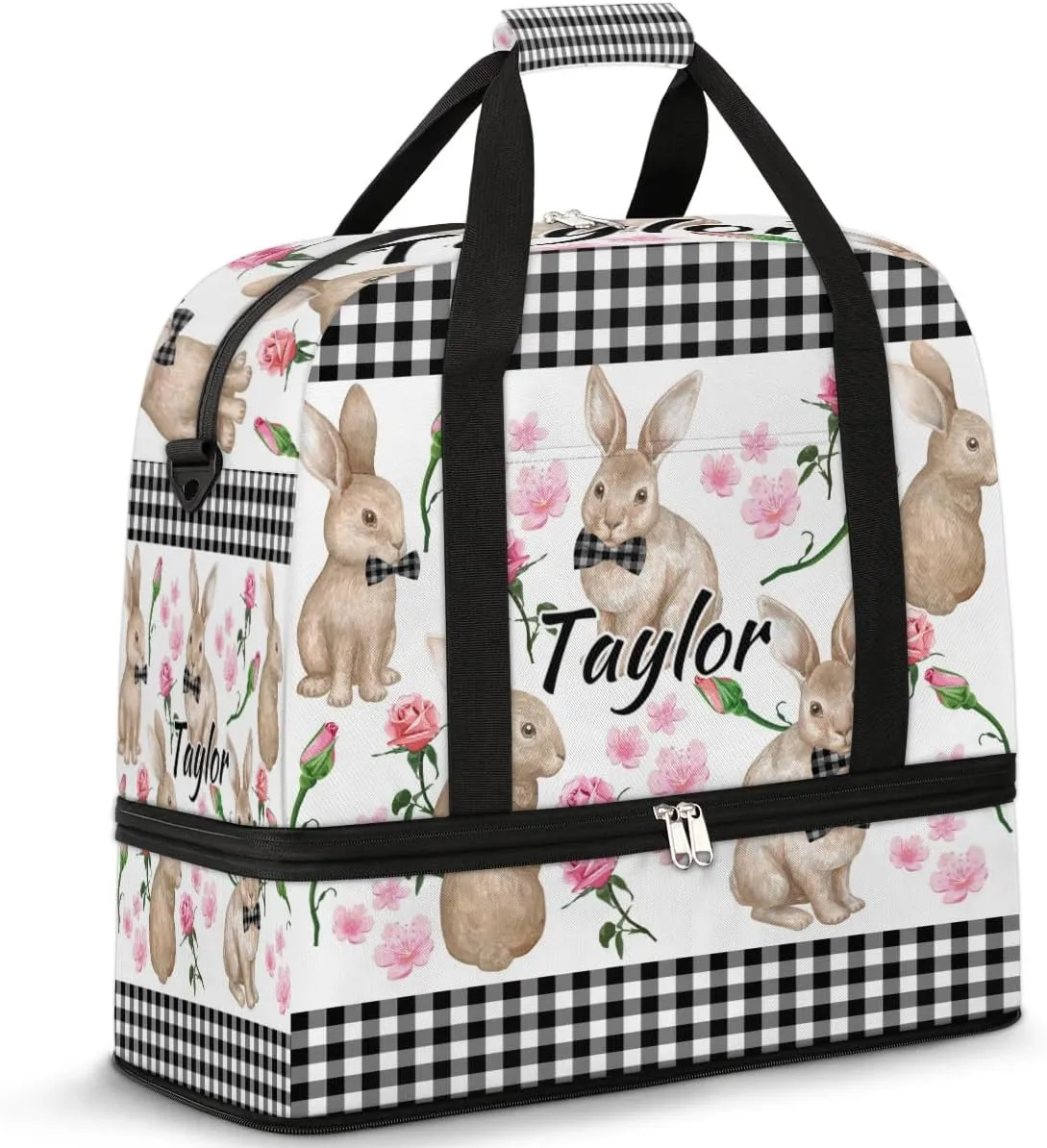 Customized Gym Bag for Women, Personalized Rabbit Flowers Travel Duffel Bag with Name, Bunny Rabbit Weekender Overnight Bag with Shoes Compartment for Men Travel Yoga