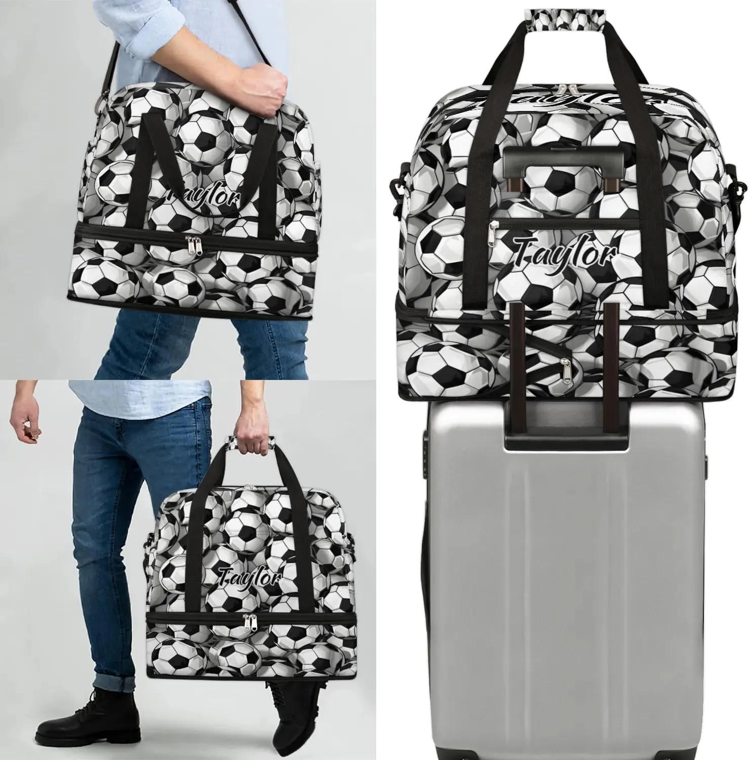 Customized Gym Bag for Women, Personalized Soccer Travel Duffel Bag with Name, Sports Theme Weekender Overnight Bag with Shoes Compartment for Men Travel Yoga