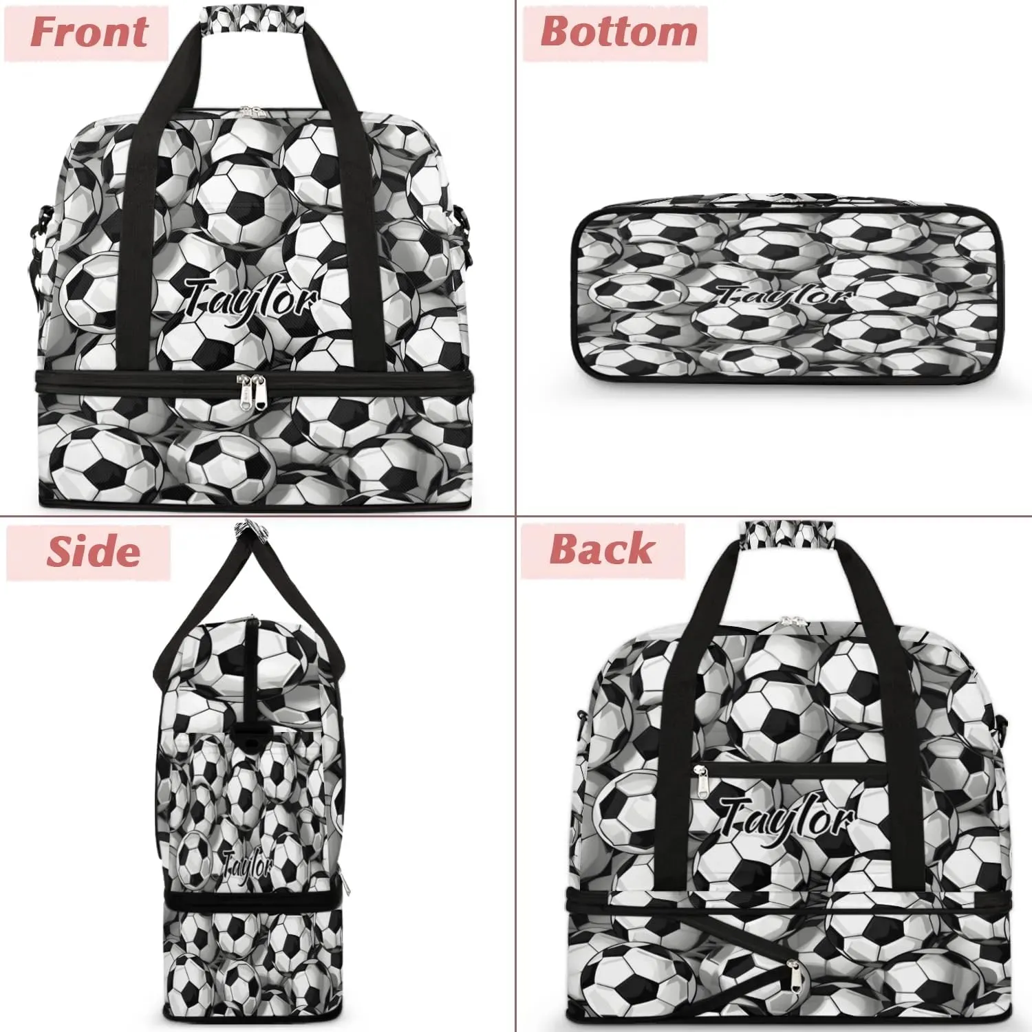 Customized Gym Bag for Women, Personalized Soccer Travel Duffel Bag with Name, Sports Theme Weekender Overnight Bag with Shoes Compartment for Men Travel Yoga