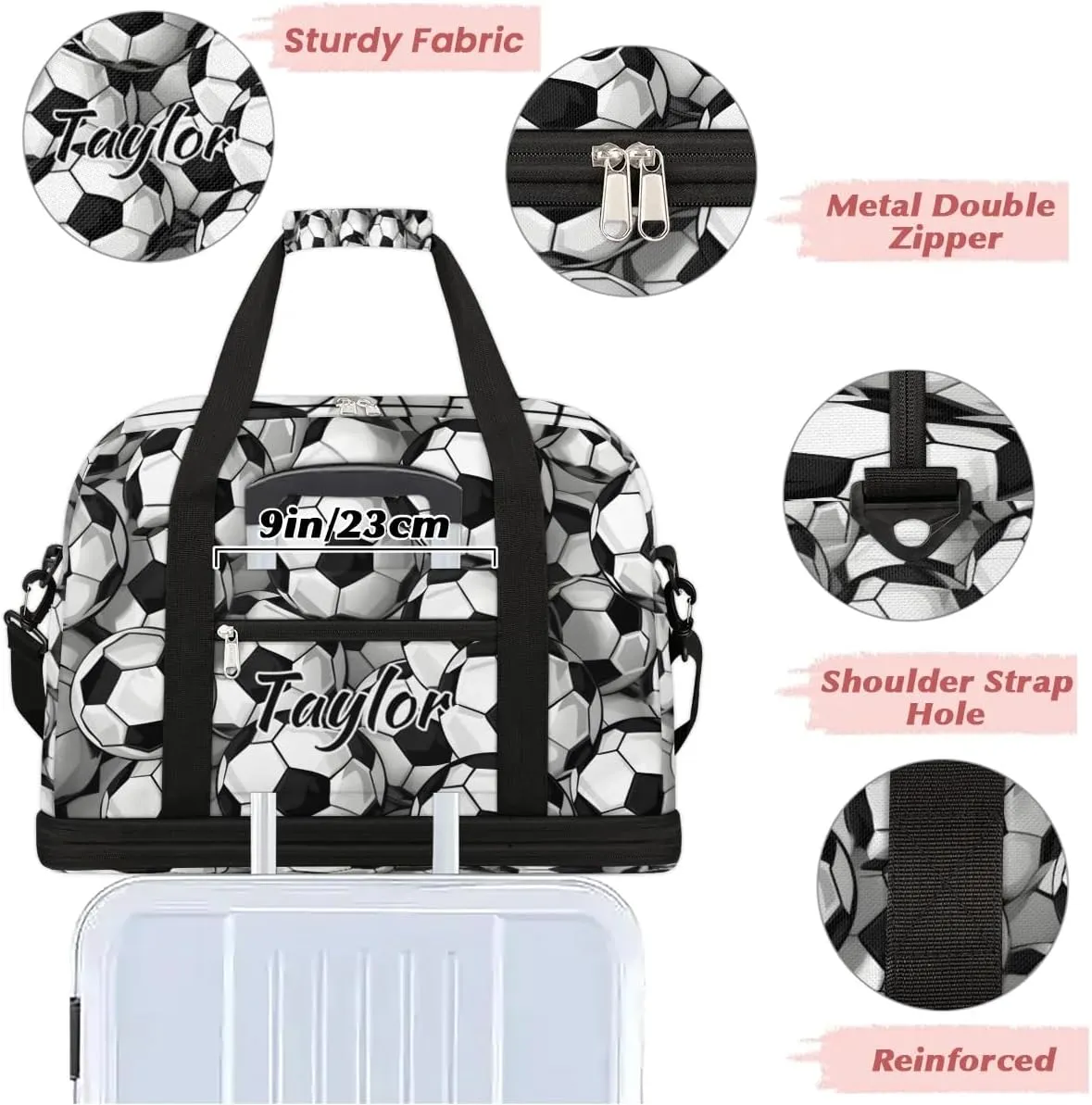 Customized Gym Bag for Women, Personalized Soccer Travel Duffel Bag with Name, Sports Theme Weekender Overnight Bag with Shoes Compartment for Men Travel Yoga
