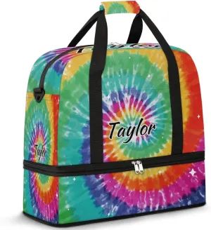 Customized Gym Bag for Women, Personalized Tie Dye Travel Duffel Bag with Name, Colorful Rainbow Weekender Overnight Bag with Shoes Compartment for Men Travel Yoga