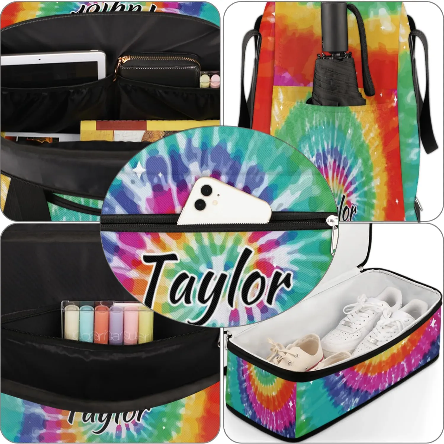 Customized Gym Bag for Women, Personalized Tie Dye Travel Duffel Bag with Name, Colorful Rainbow Weekender Overnight Bag with Shoes Compartment for Men Travel Yoga