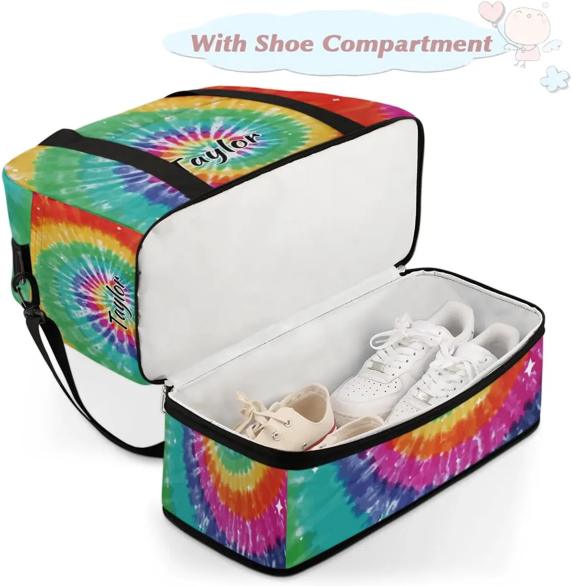 Customized Gym Bag for Women, Personalized Tie Dye Travel Duffel Bag with Name, Colorful Rainbow Weekender Overnight Bag with Shoes Compartment for Men Travel Yoga
