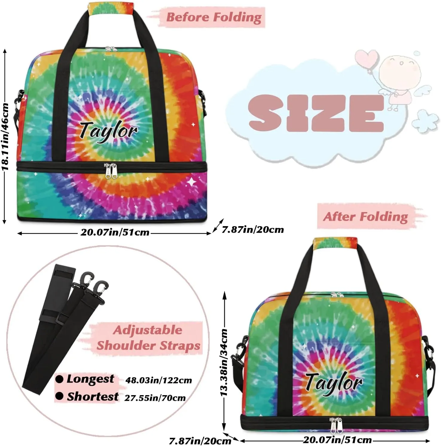 Customized Gym Bag for Women, Personalized Tie Dye Travel Duffel Bag with Name, Colorful Rainbow Weekender Overnight Bag with Shoes Compartment for Men Travel Yoga