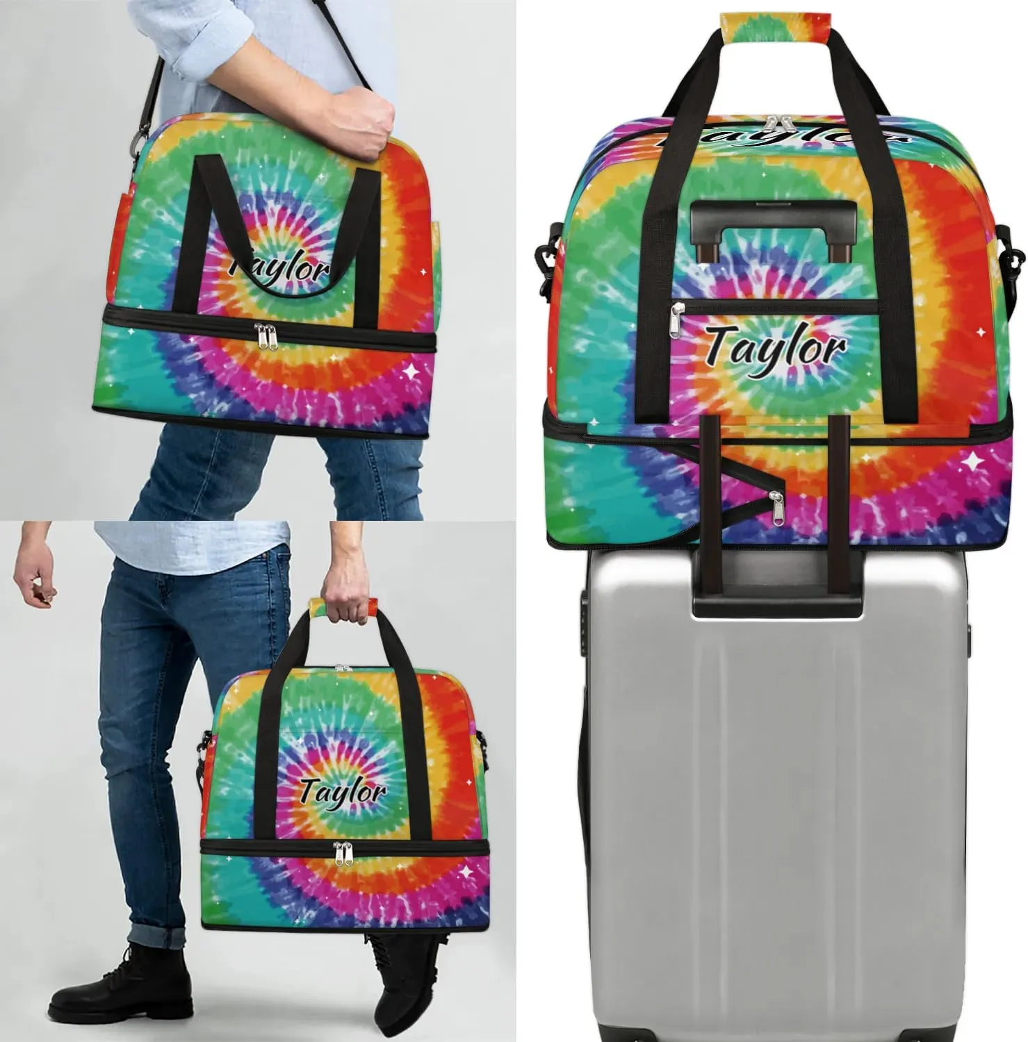 Customized Gym Bag for Women, Personalized Tie Dye Travel Duffel Bag with Name, Colorful Rainbow Weekender Overnight Bag with Shoes Compartment for Men Travel Yoga