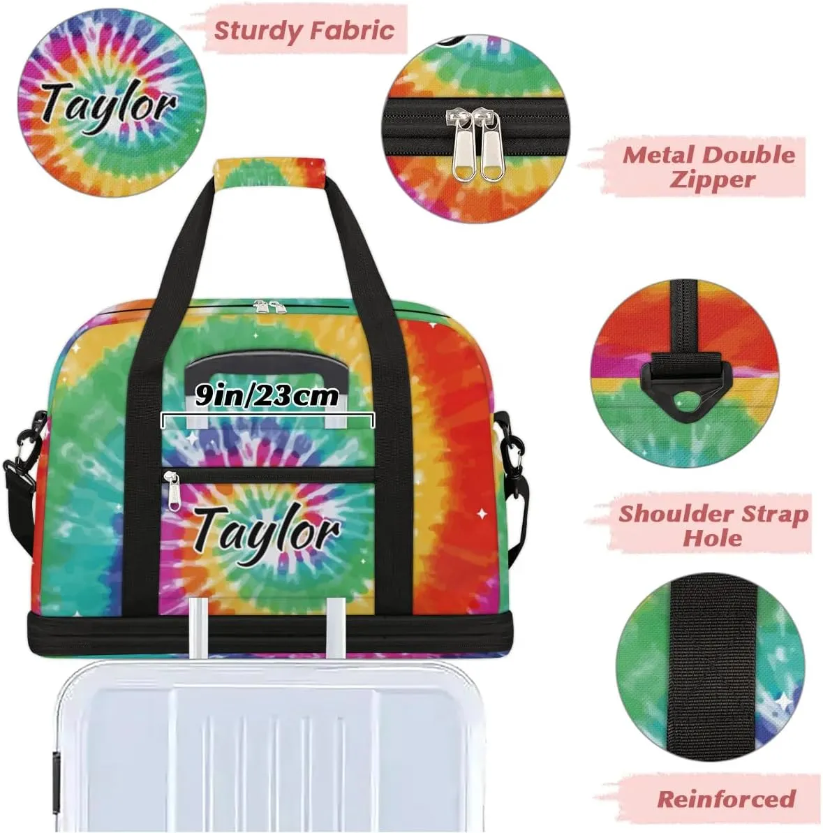 Customized Gym Bag for Women, Personalized Tie Dye Travel Duffel Bag with Name, Colorful Rainbow Weekender Overnight Bag with Shoes Compartment for Men Travel Yoga