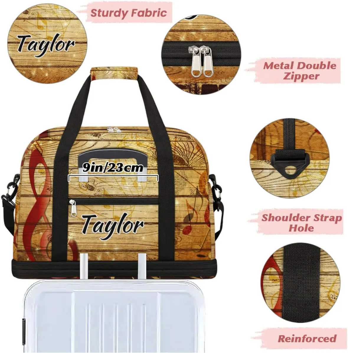Customized Gym Bag for Women, Personalized Vintage Music Travel Duffel Bag with Name, Musical Note Weekender Overnight Bag with Shoes Compartment for Men Travel Yoga