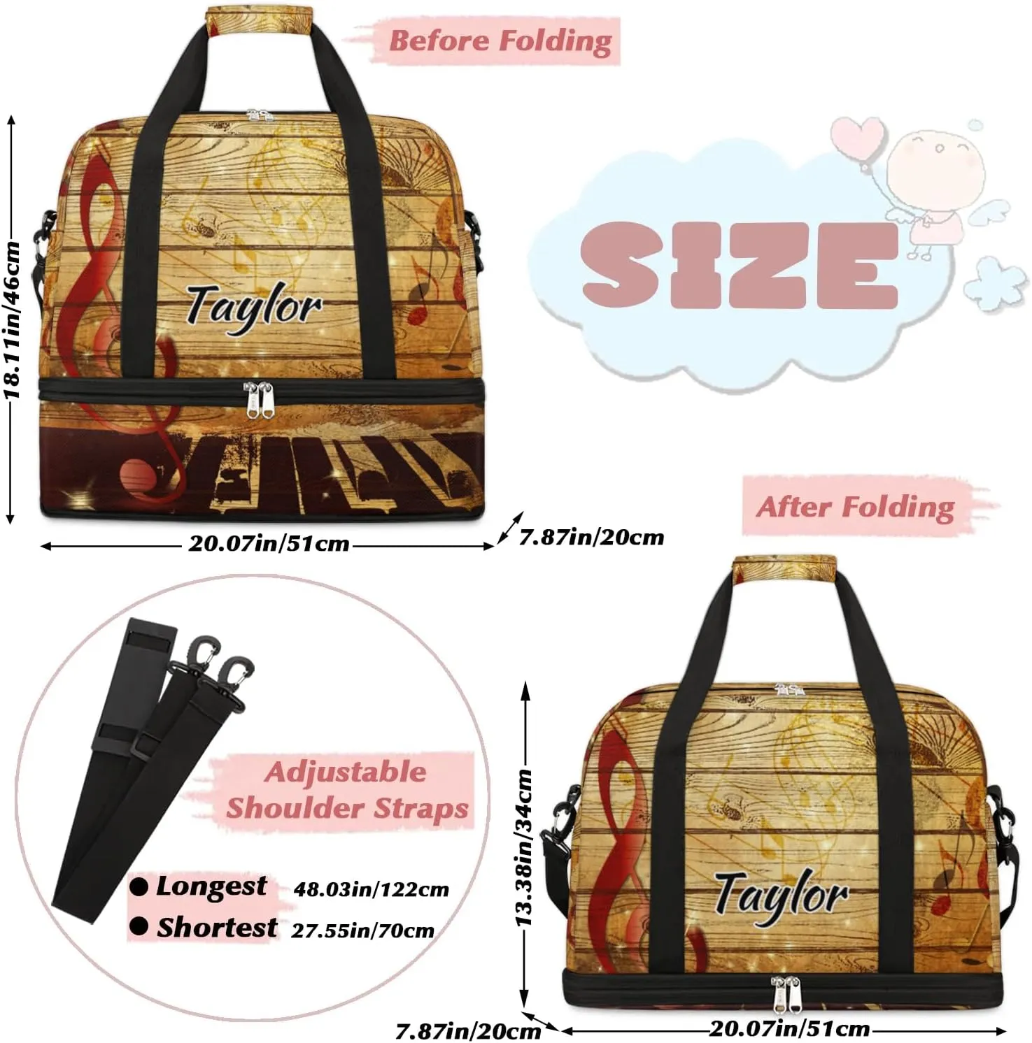 Customized Gym Bag for Women, Personalized Vintage Music Travel Duffel Bag with Name, Musical Note Weekender Overnight Bag with Shoes Compartment for Men Travel Yoga