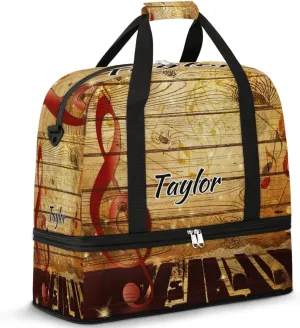 Customized Gym Bag for Women, Personalized Vintage Music Travel Duffel Bag with Name, Musical Note Weekender Overnight Bag with Shoes Compartment for Men Travel Yoga