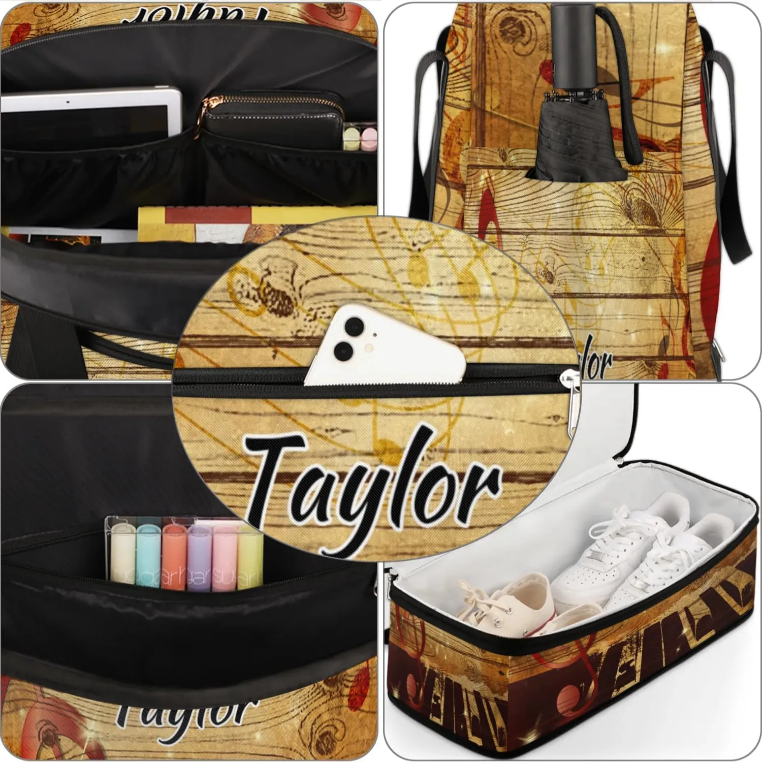 Customized Gym Bag for Women, Personalized Vintage Music Travel Duffel Bag with Name, Musical Note Weekender Overnight Bag with Shoes Compartment for Men Travel Yoga