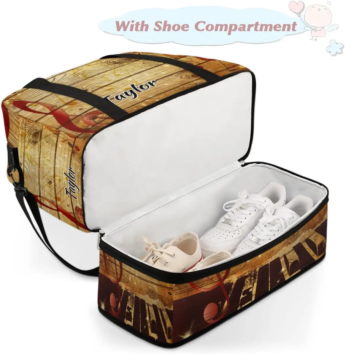 Customized Gym Bag for Women, Personalized Vintage Music Travel Duffel Bag with Name, Musical Note Weekender Overnight Bag with Shoes Compartment for Men Travel Yoga