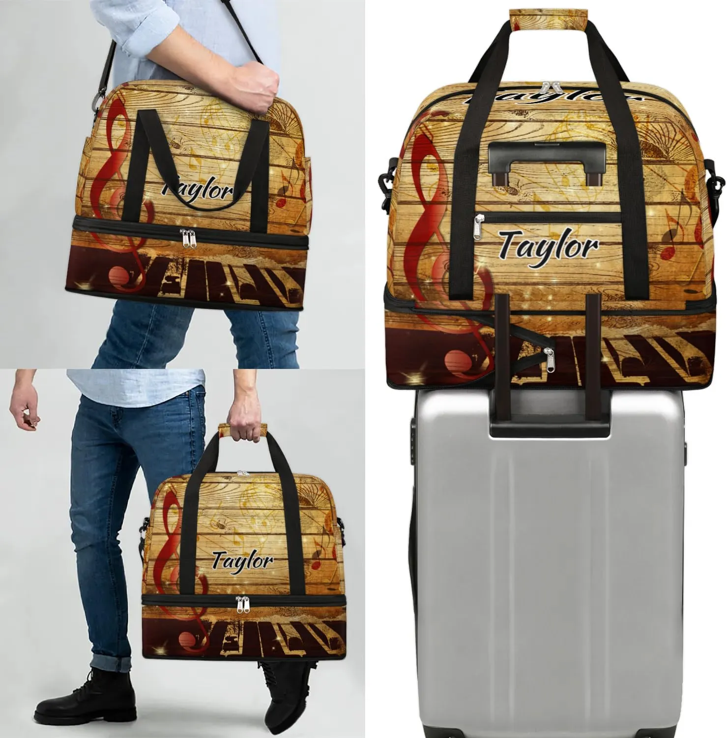 Customized Gym Bag for Women, Personalized Vintage Music Travel Duffel Bag with Name, Musical Note Weekender Overnight Bag with Shoes Compartment for Men Travel Yoga