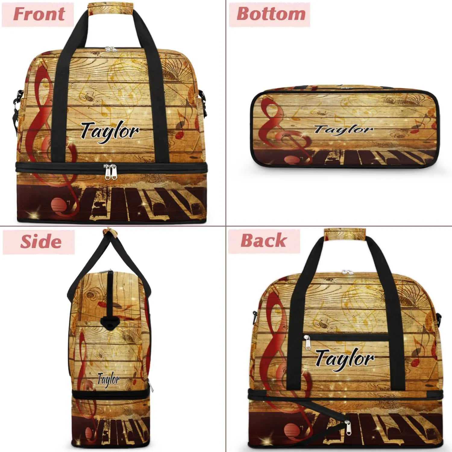 Customized Gym Bag for Women, Personalized Vintage Music Travel Duffel Bag with Name, Musical Note Weekender Overnight Bag with Shoes Compartment for Men Travel Yoga