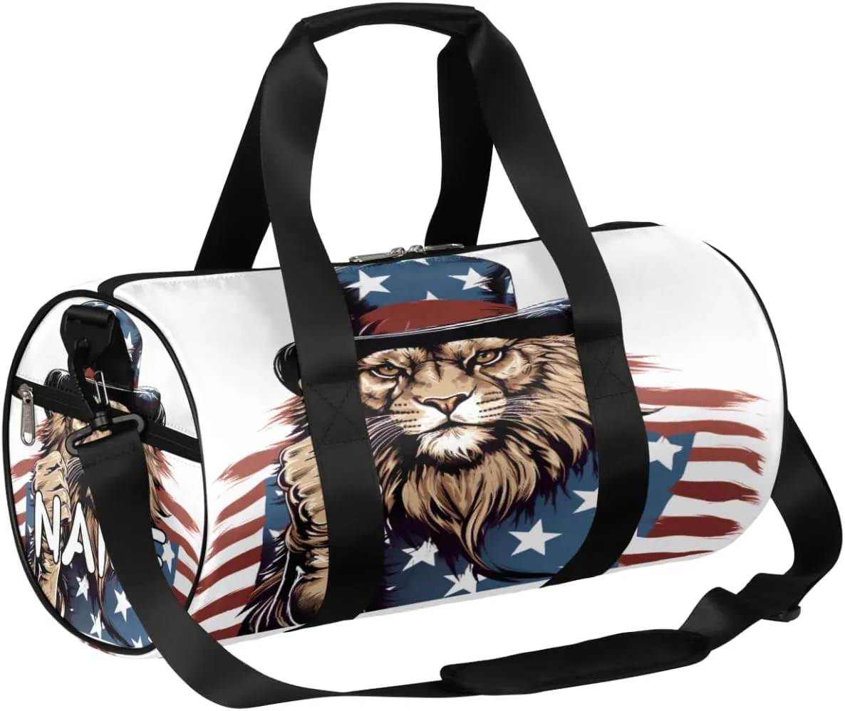 Customized Sports Gym Duffel Bag for Women & Men with Name,American Fist Lion Patriot Waterproof Personalized Tote Travel Beach Bag for Weekender Overnight Dance Carry-On Bag