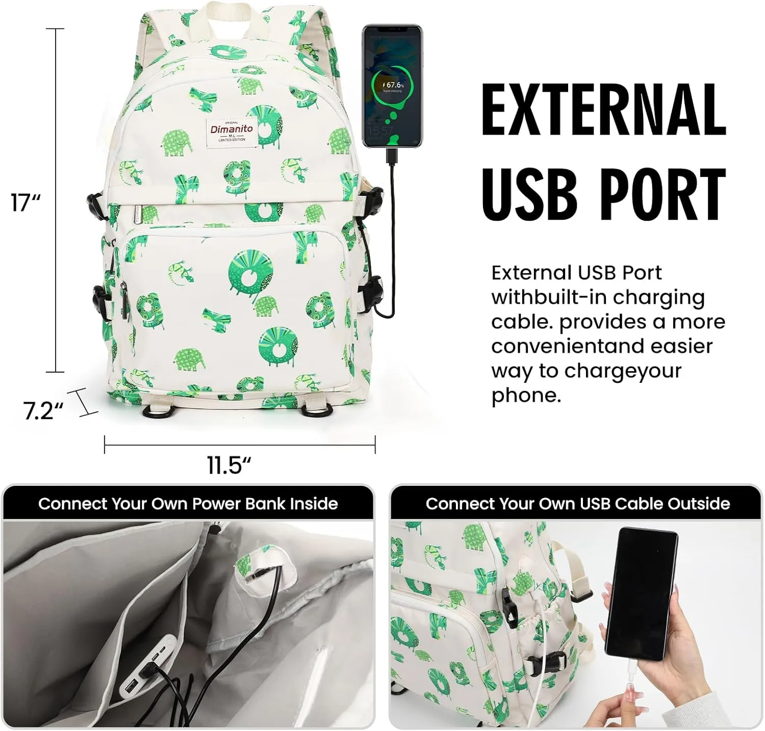 Cute Animal Laptop Backpack with USB charging port for 15.6 inch-16 inch laptop College Outdoor Travel Backpack