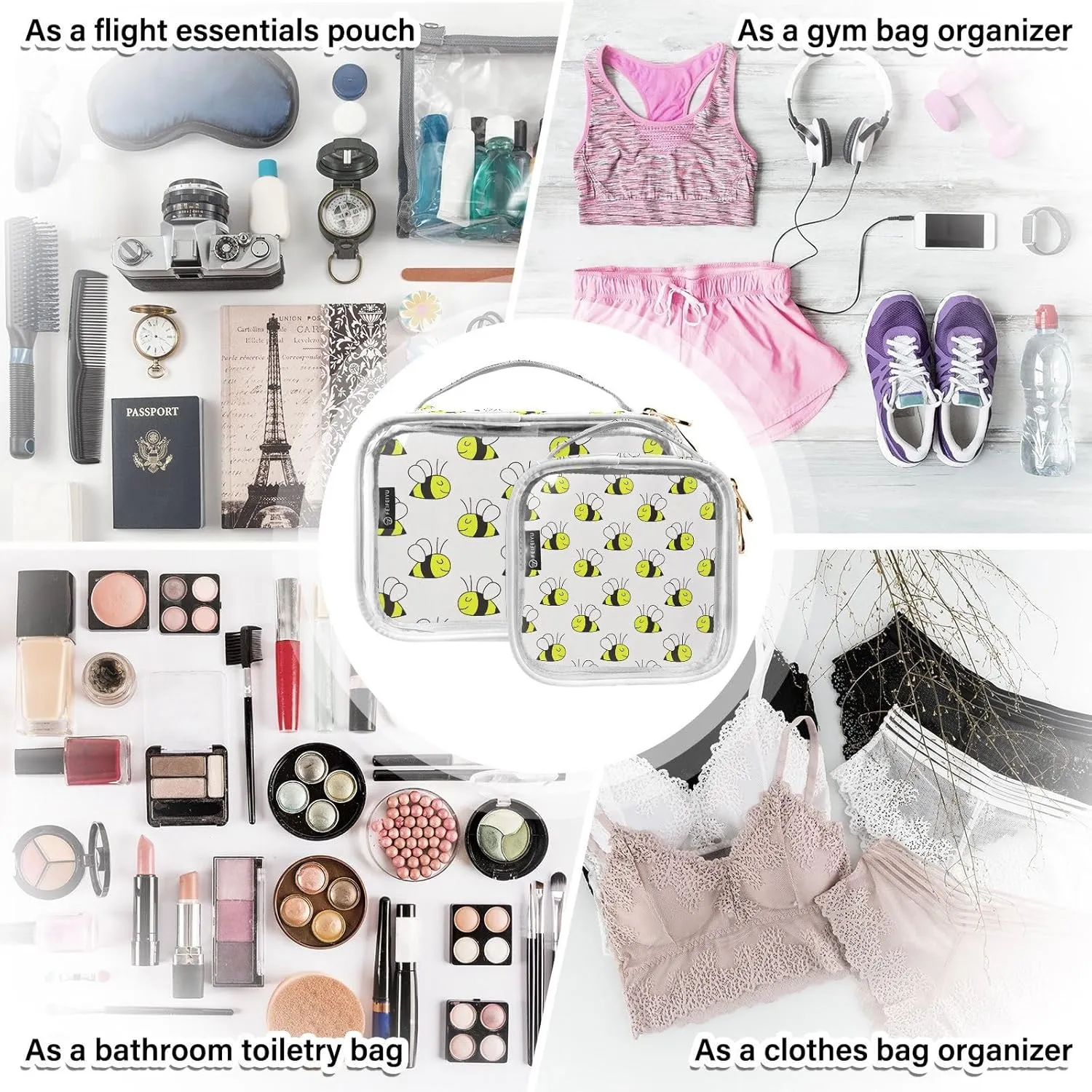 Cute Animals Bee 2 Pieces Clear Makeup Cosmetic Toiletry Bags for Women Men PVC Waterproof Portable Travel Storage Carry Pouch with Gold Zippers Travel Organizer for Bathroom Organizing Traveling