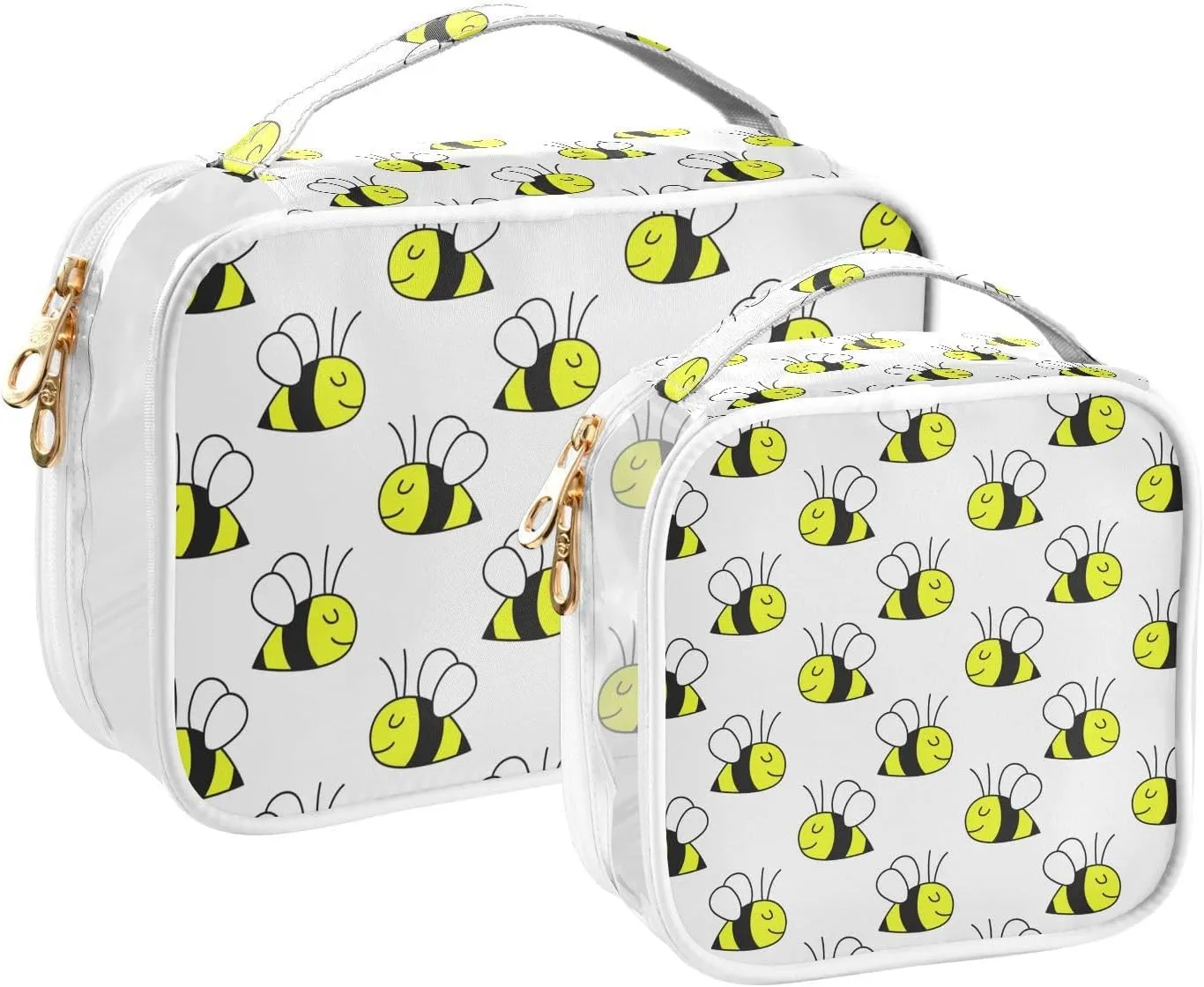 Cute Animals Bee 2 Pieces Clear Makeup Cosmetic Toiletry Bags for Women Men PVC Waterproof Portable Travel Storage Carry Pouch with Gold Zippers Travel Organizer for Bathroom Organizing Traveling