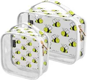 Cute Animals Bee 2 Pieces Clear Makeup Cosmetic Toiletry Bags for Women Men PVC Waterproof Portable Travel Storage Carry Pouch with Gold Zippers Travel Organizer for Bathroom Organizing Traveling