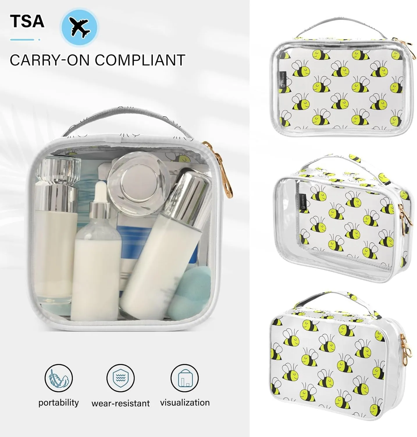 Cute Animals Bee 2 Pieces Clear Makeup Cosmetic Toiletry Bags for Women Men PVC Waterproof Portable Travel Storage Carry Pouch with Gold Zippers Travel Organizer for Bathroom Organizing Traveling