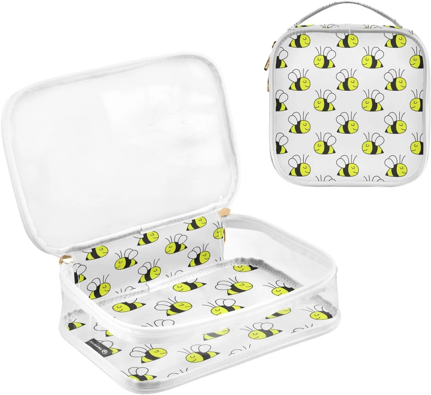 Cute Animals Bee 2 Pieces Clear Makeup Cosmetic Toiletry Bags for Women Men PVC Waterproof Portable Travel Storage Carry Pouch with Gold Zippers Travel Organizer for Bathroom Organizing Traveling