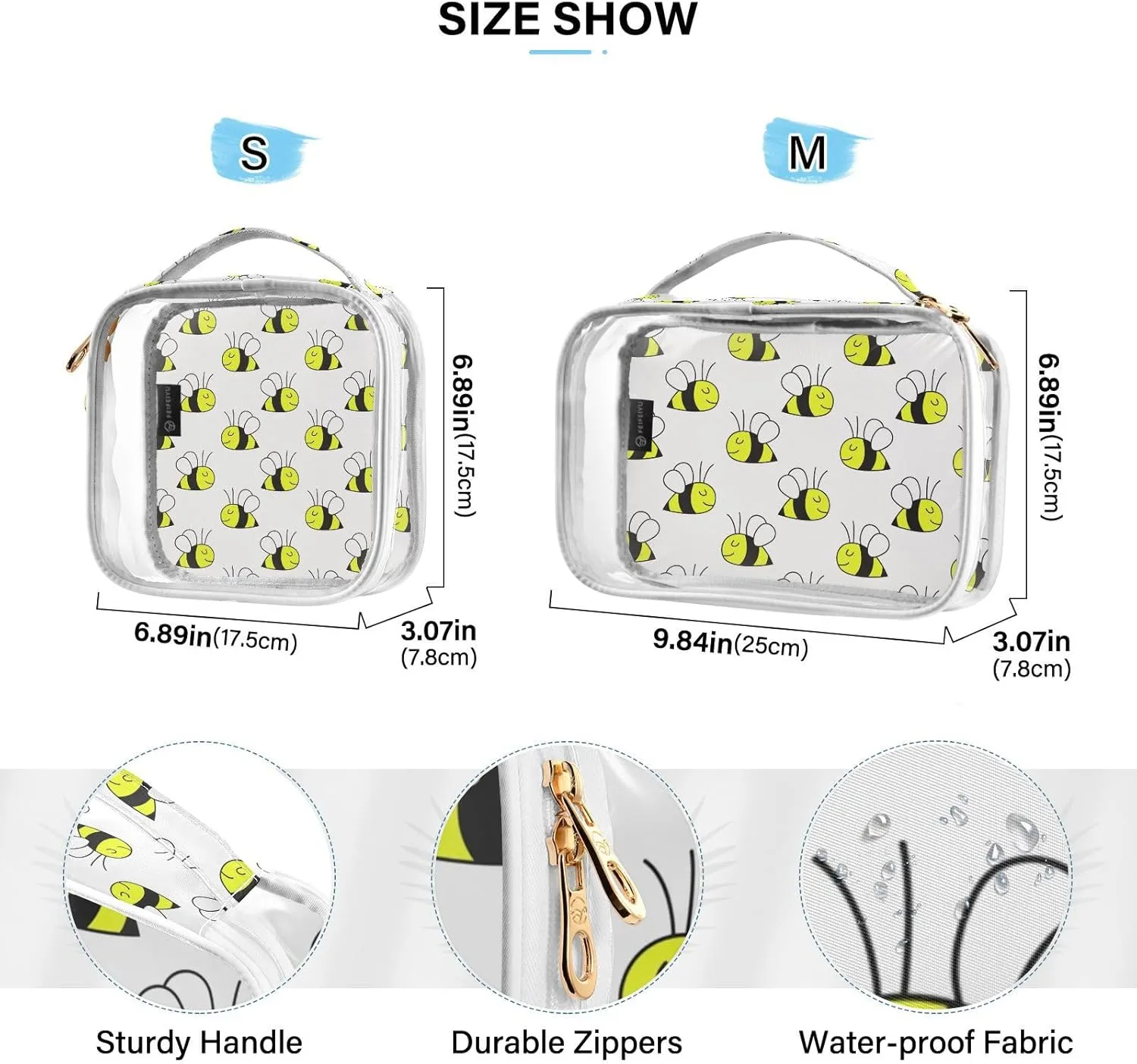 Cute Animals Bee 2 Pieces Clear Makeup Cosmetic Toiletry Bags for Women Men PVC Waterproof Portable Travel Storage Carry Pouch with Gold Zippers Travel Organizer for Bathroom Organizing Traveling