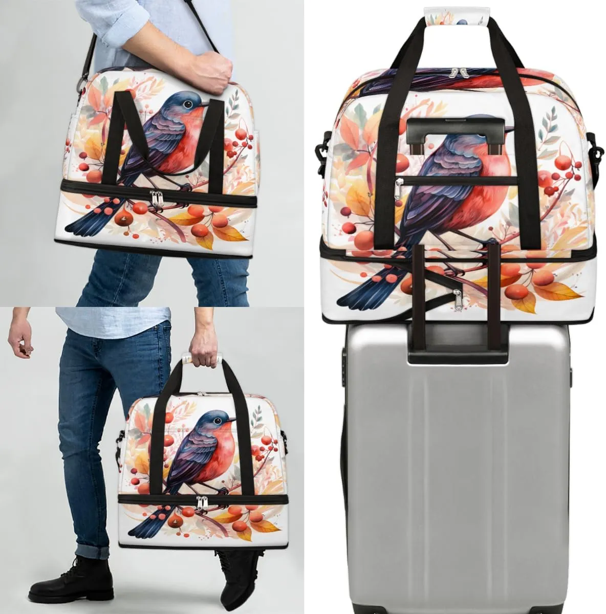 Cute Colorful Birds Foldable Travel Duffel Bag Overnight Weekender Bag with Shoes Compartment Sports Gym Bag for Men Women