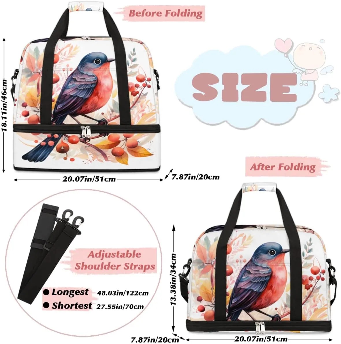 Cute Colorful Birds Foldable Travel Duffel Bag Overnight Weekender Bag with Shoes Compartment Sports Gym Bag for Men Women