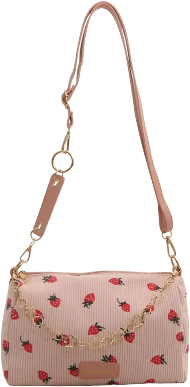 Cute Crossbody Bag For Women Girls Strawberry Purse Corduroy Tote Bag Fashion Chain Shoulder Handbag Canvas Bags