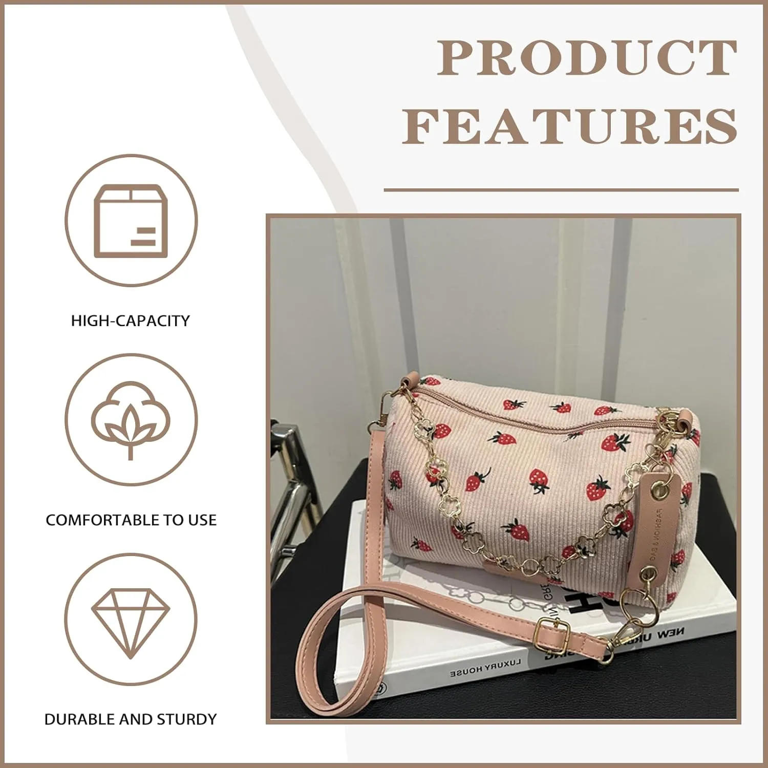 Cute Crossbody Bag For Women Girls Strawberry Purse Corduroy Tote Bag Fashion Chain Shoulder Handbag Canvas Bags
