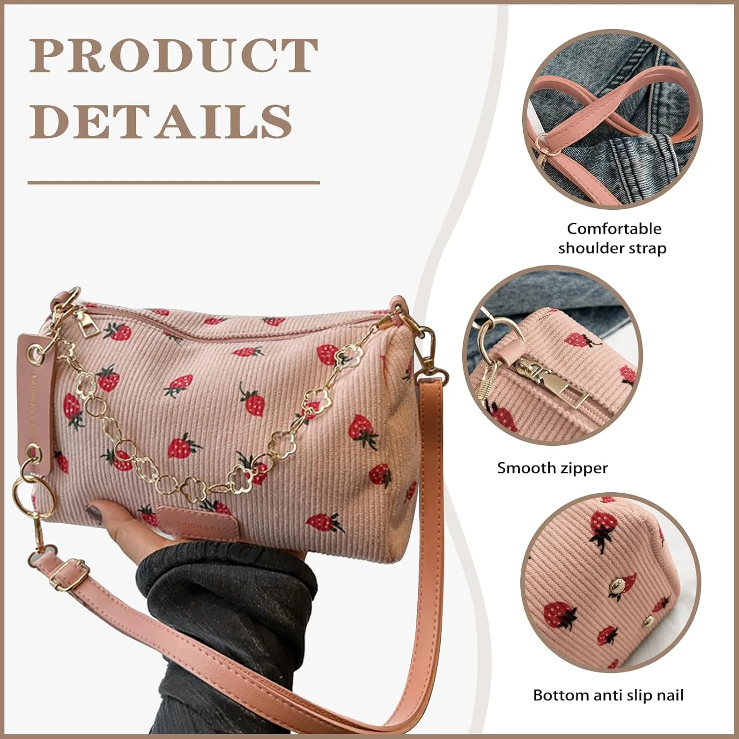Cute Crossbody Bag For Women Girls Strawberry Purse Corduroy Tote Bag Fashion Chain Shoulder Handbag Canvas Bags