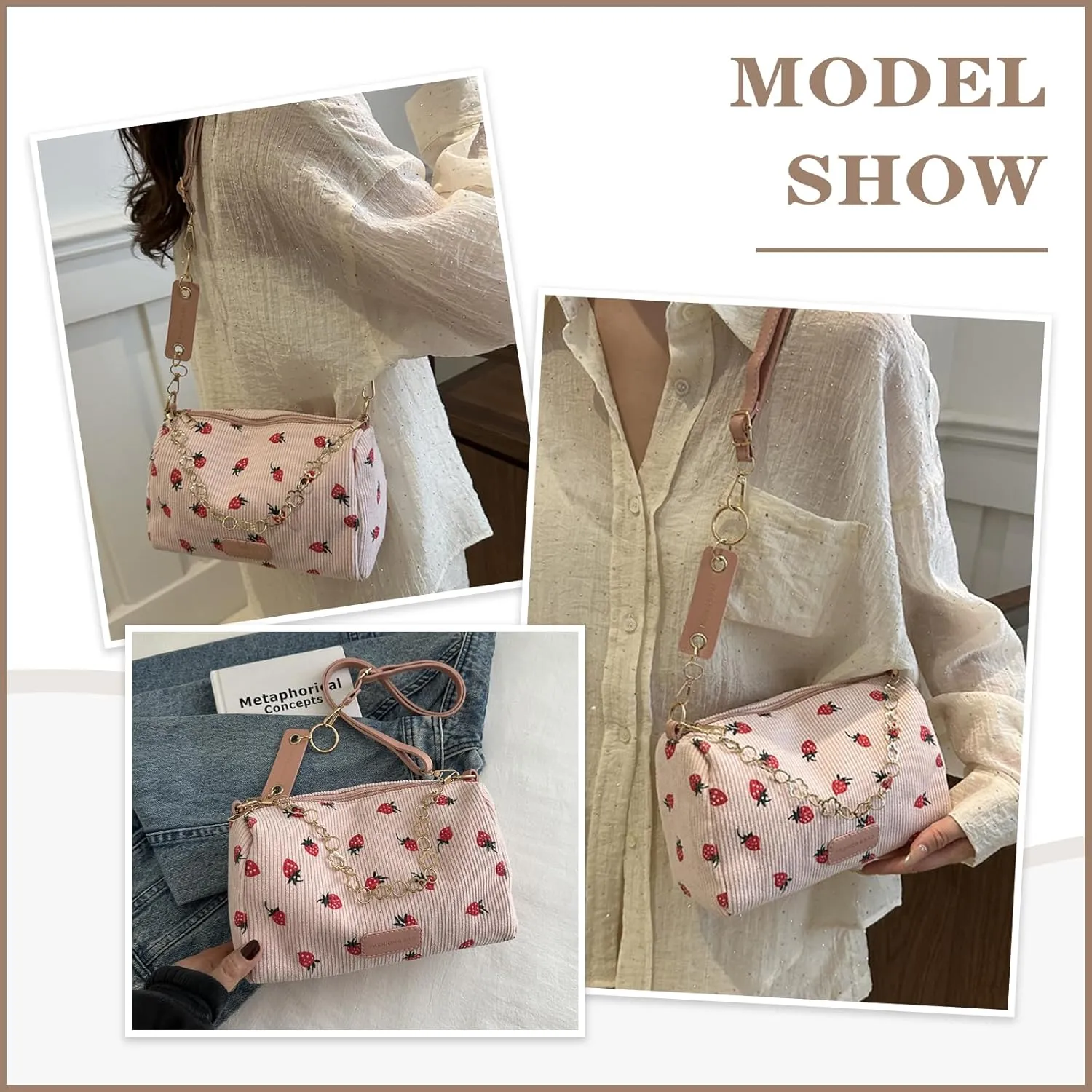 Cute Crossbody Bag For Women Girls Strawberry Purse Corduroy Tote Bag Fashion Chain Shoulder Handbag Canvas Bags
