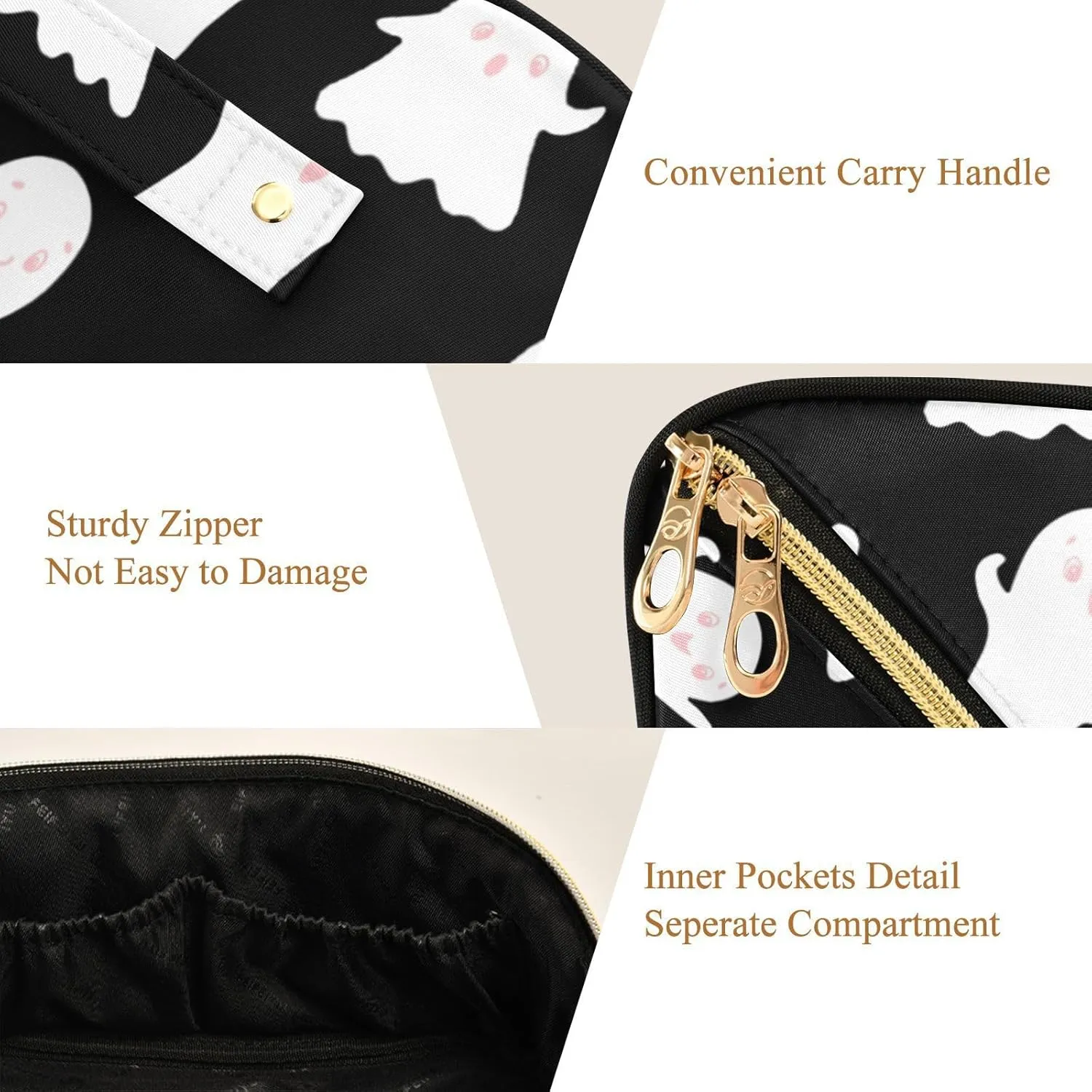 Cute Ghost Travel Makeup Bag Portable Cosmetic Pouch Large Capacity Make up Bag Toiletry Bag with Divider and Handle for Women