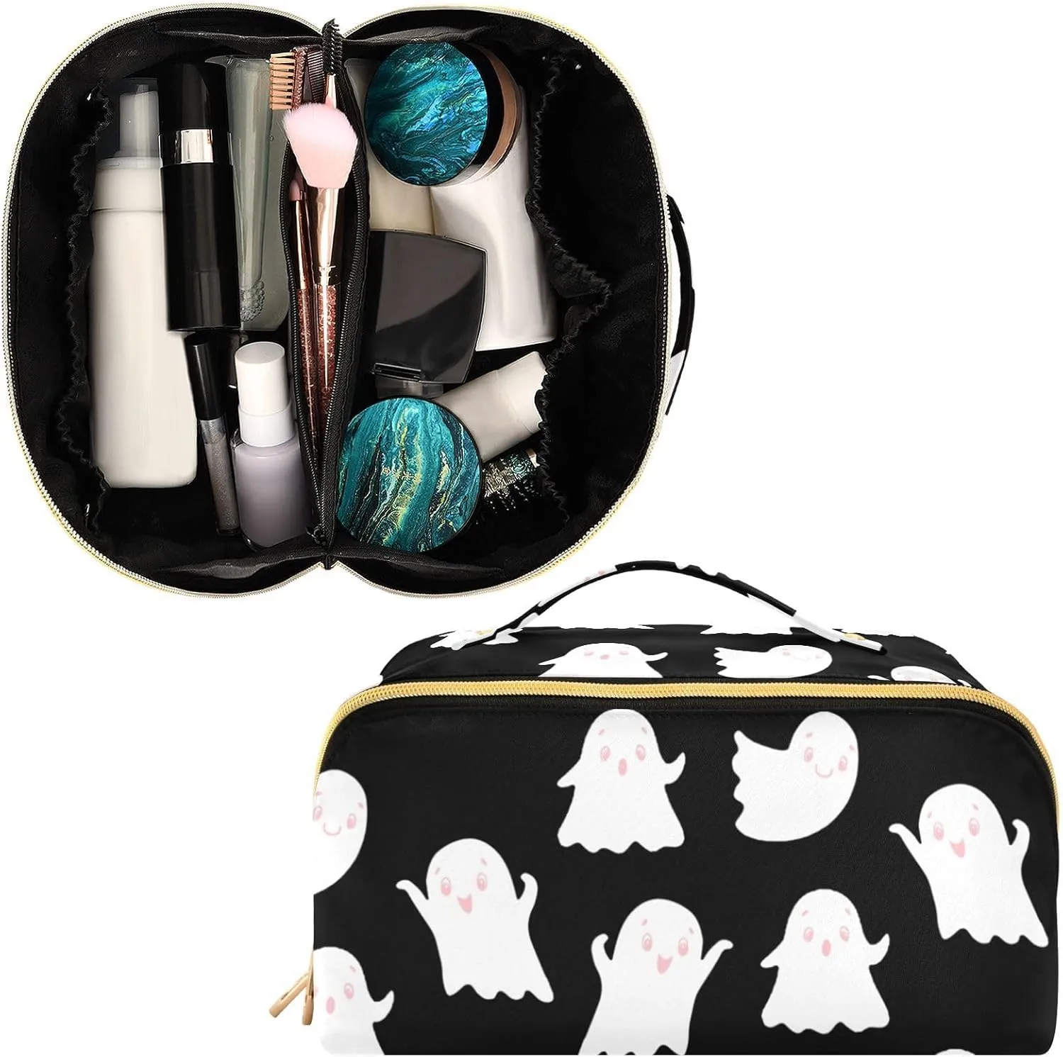Cute Ghost Travel Makeup Bag Portable Cosmetic Pouch Large Capacity Make up Bag Toiletry Bag with Divider and Handle for Women