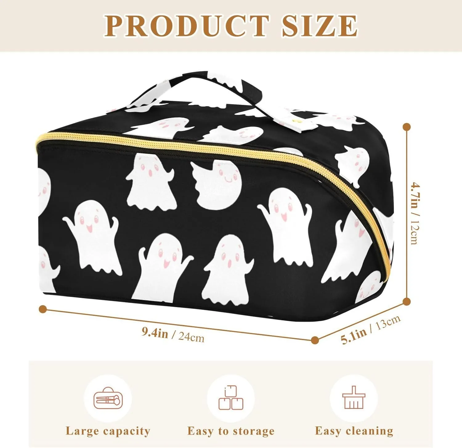 Cute Ghost Travel Makeup Bag Portable Cosmetic Pouch Large Capacity Make up Bag Toiletry Bag with Divider and Handle for Women