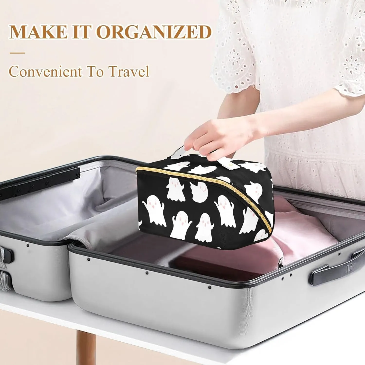 Cute Ghost Travel Makeup Bag Portable Cosmetic Pouch Large Capacity Make up Bag Toiletry Bag with Divider and Handle for Women