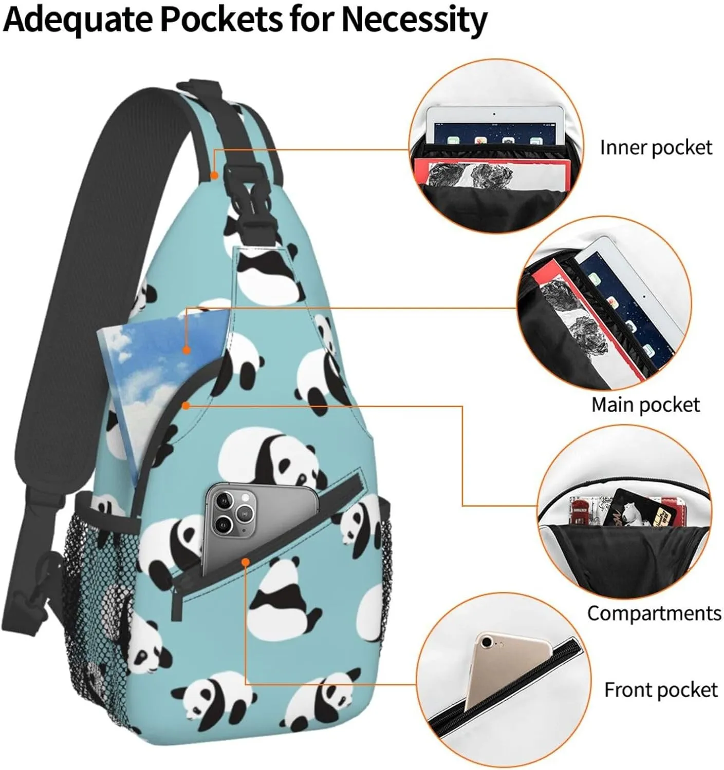 Cute Panda Bear Small Sling Bag for Women Mens Crossbody Sling Backpack Travel Hiking Daypack Shoulder Chest Bag with Adjustable Strap