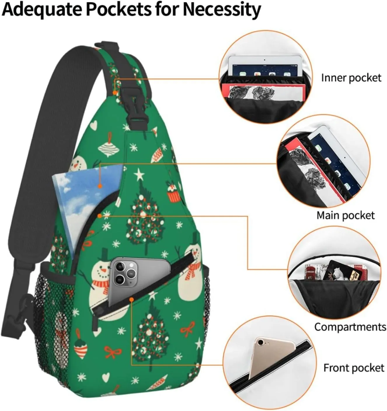 Cute Snowman Crossbody Sling Bag Adjustable Holiday Pattern With Christmas Candies Chest Bag Shoulder Bag Backpack