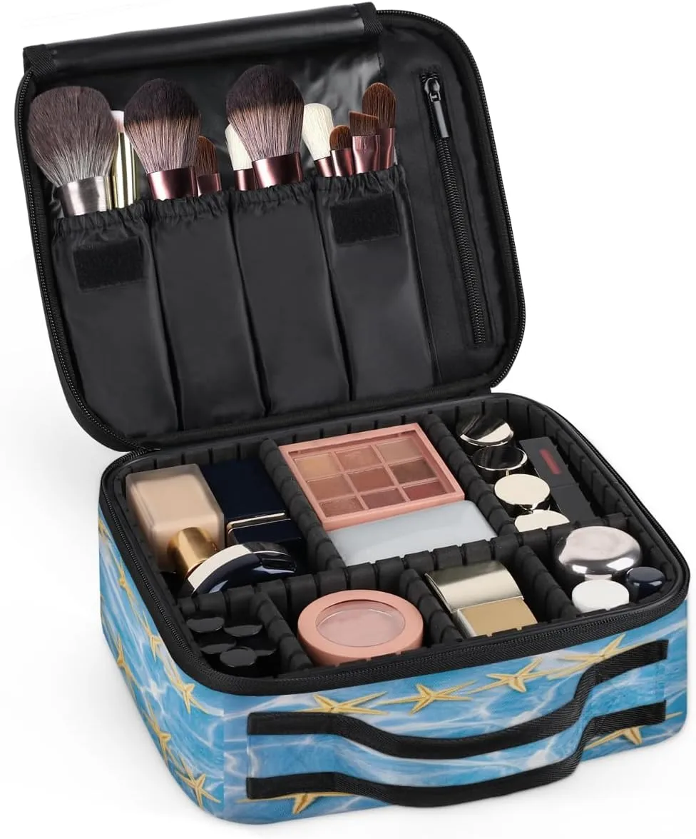 Cute Starfish Makeup Train Case Travel Makeup Bag Professional Cosmetic Organizer Portable Storage Box with Adjustable Dividers for Cosmetics Makeup Brushes Toiletry