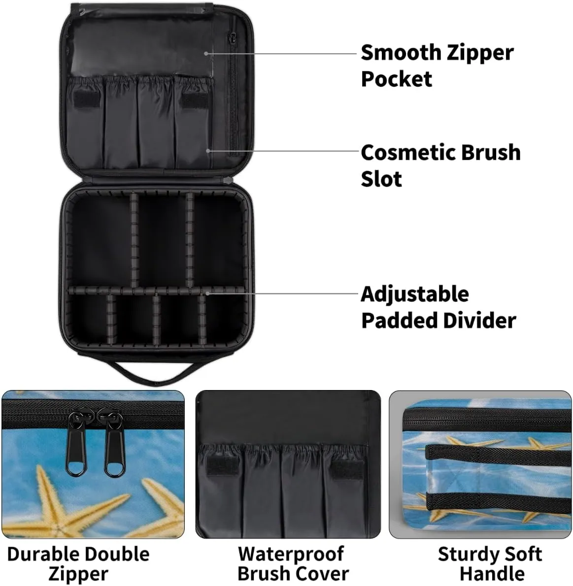 Cute Starfish Makeup Train Case Travel Makeup Bag Professional Cosmetic Organizer Portable Storage Box with Adjustable Dividers for Cosmetics Makeup Brushes Toiletry