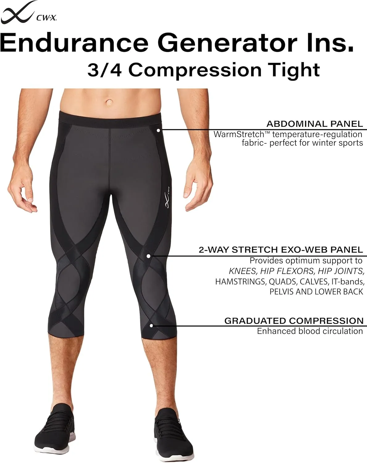 CW-X Men's Endurance Generator Insulator Joint and Muscle Support 3/4 Compression Tight, Base Layer Capri Pants for Skiing
