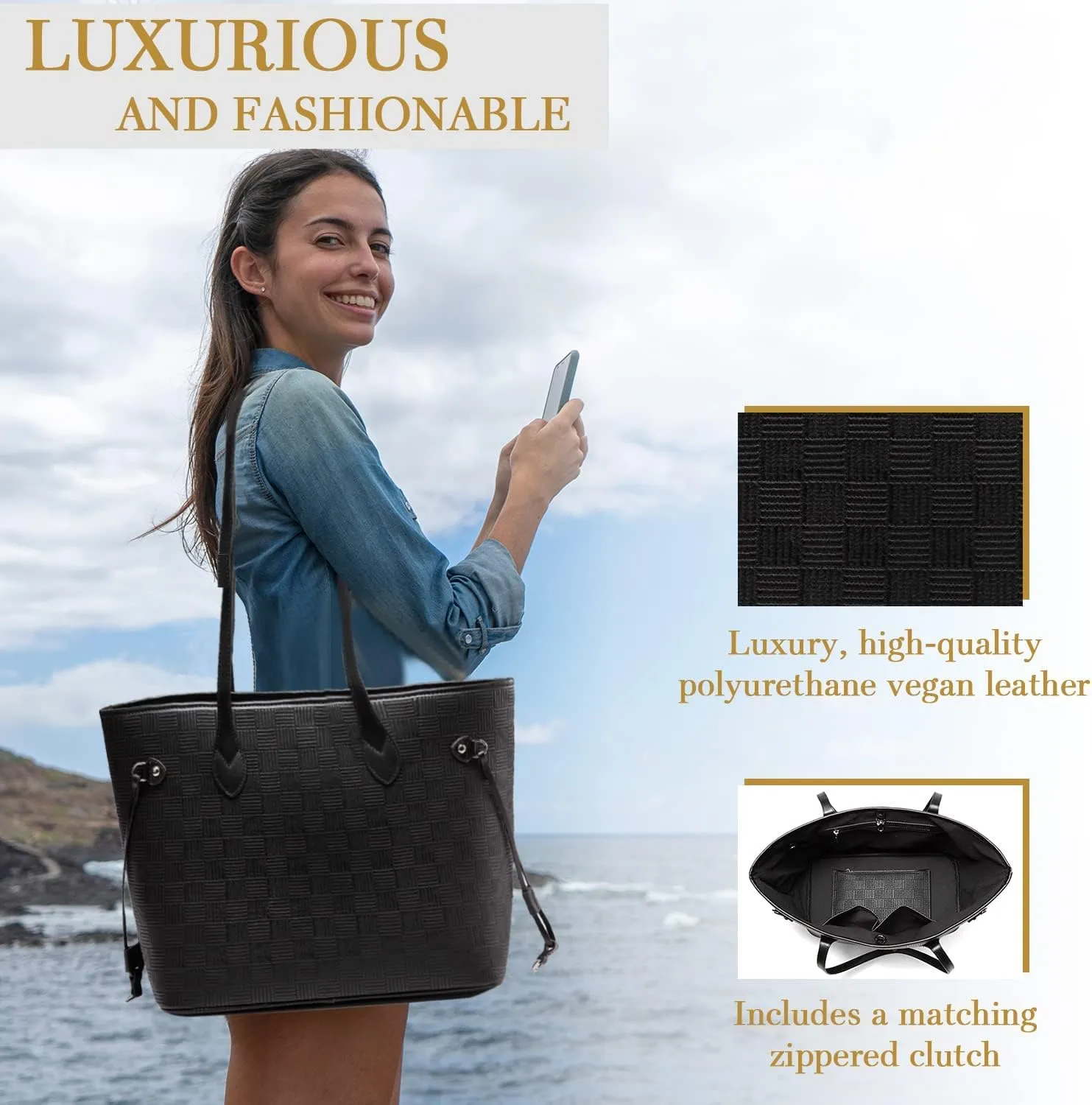 Daisy Rose Tote Shoulder Travel Bag & Matching Clutch PU Vegan Leather